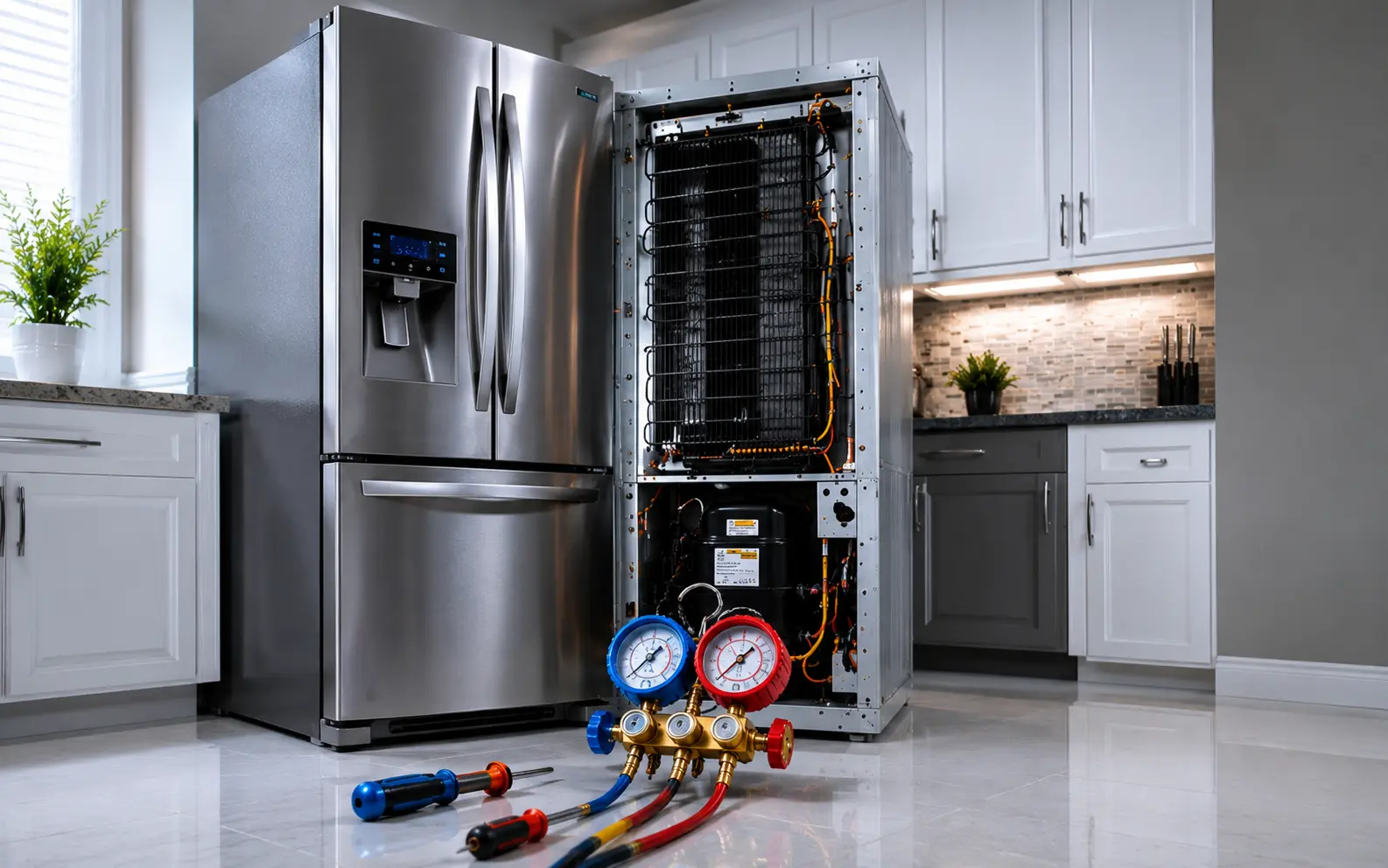 Refrigerador doméstico en reparación por un técnico de Refrigeración Mendoza