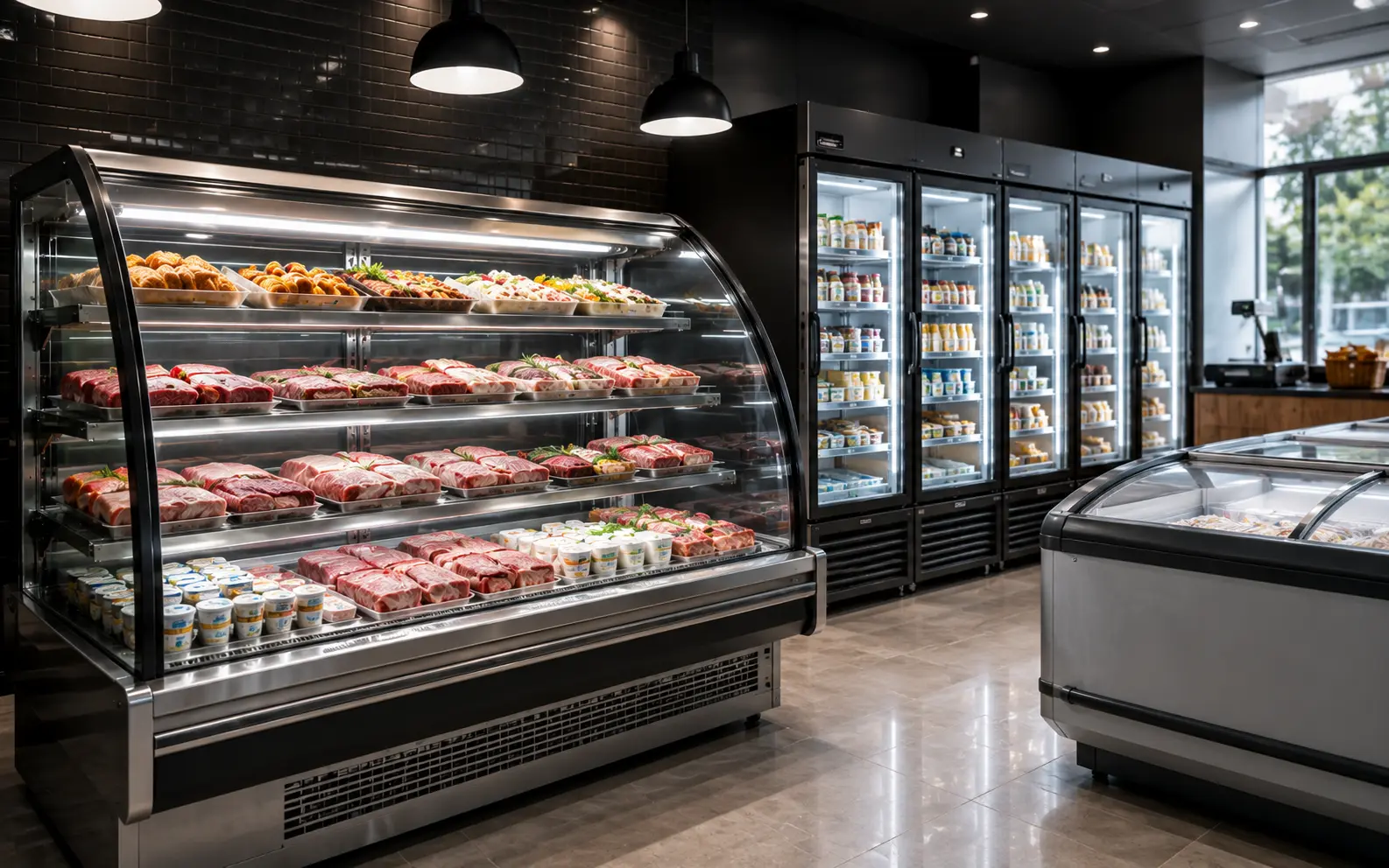 Vitrina y congelador comercial refrigerados en un negocio local